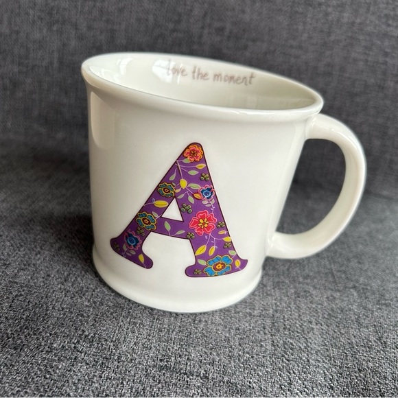 Floral “A” Initial “Love the Moment” Mug, White, Purple, Colorful, 12 oz - Picture 14 of 15